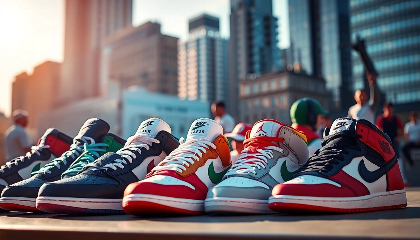 A collection of stylish sneaker reps displayed against an urban backdrop, showcasing vibrant designs.