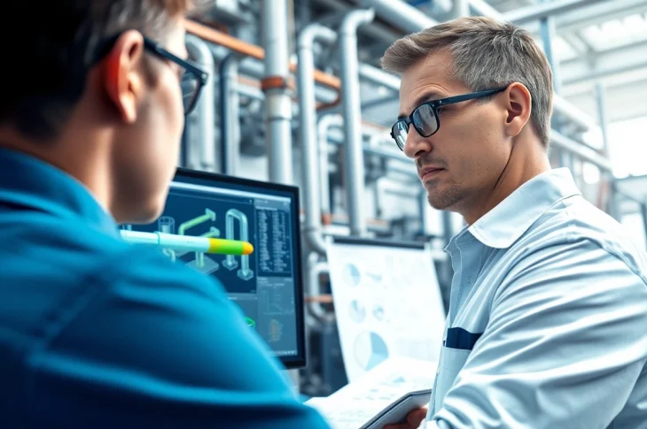 Piping stress Company engineer reviewing analysis in a bright industrial setting with blueprints.