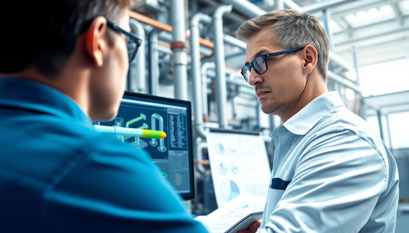 Piping stress Company engineer reviewing analysis in a bright industrial setting with blueprints.