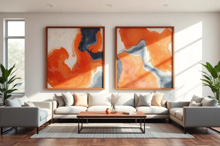 Enhance your decor with stunning large frames showcasing vibrant art in a modern living room.