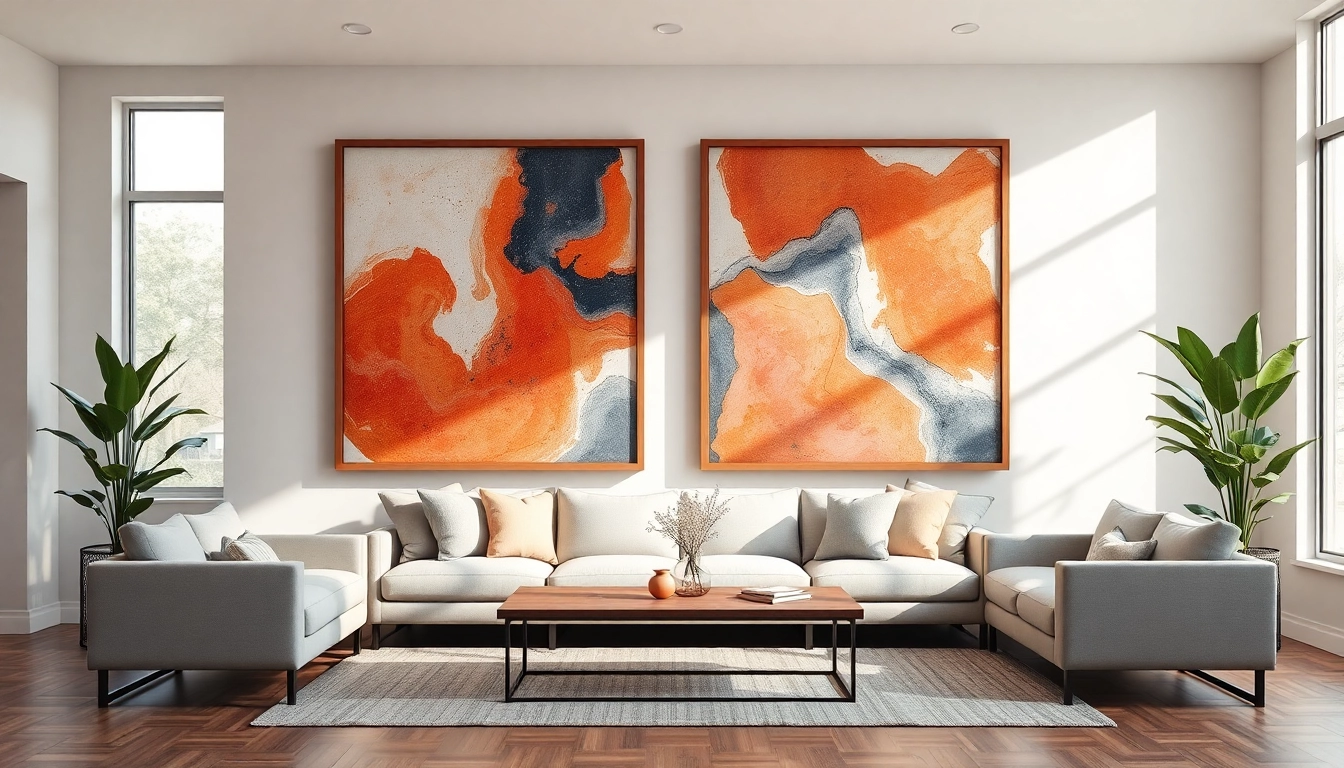 Enhance your decor with stunning large frames showcasing vibrant art in a modern living room.