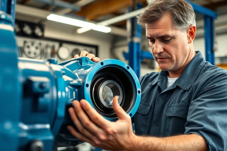 Performing gearbox bearing replacement in a professional mechanic shop with focused precision.