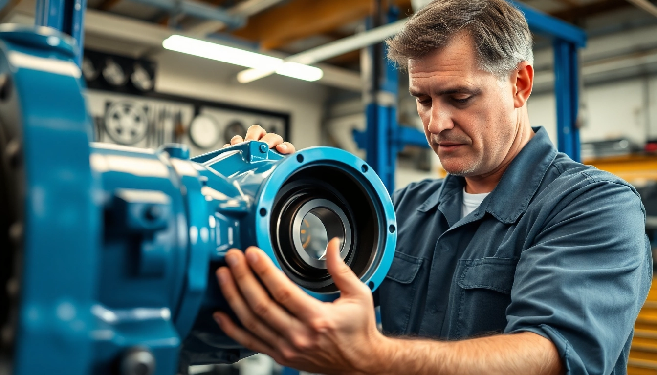 Performing gearbox bearing replacement in a professional mechanic shop with focused precision.