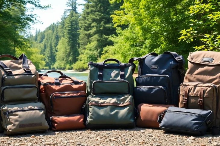 Showcasing a variety of fly fishing bags in a scenic riverside setting to highlight their features.
