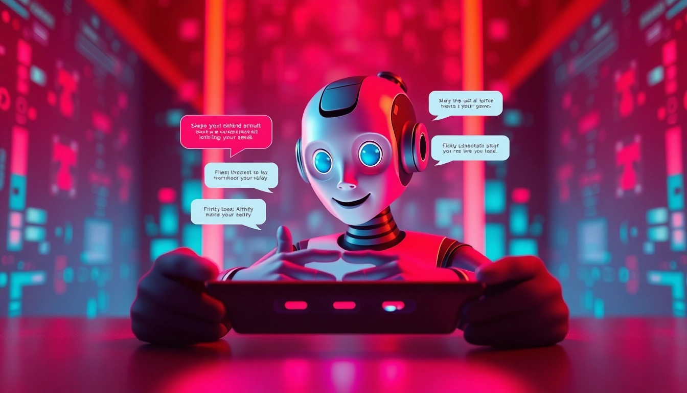 Engaging AI sex chat free experience with an inviting AI character and vibrant chat bubbles.