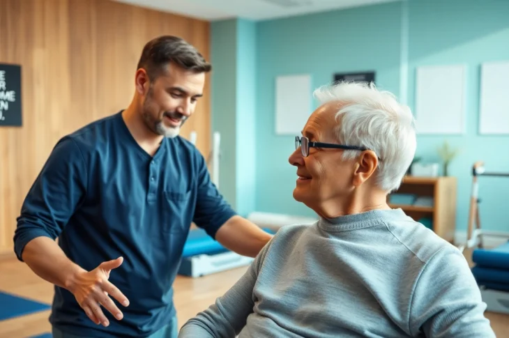 Senior physiotherapy session in Edmonton with a therapist assisting an elderly patient in rehabilitation exercises.