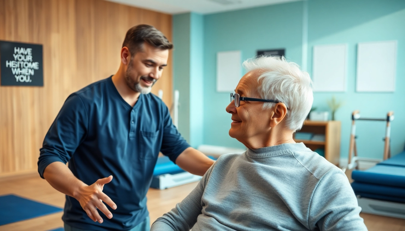 Senior physiotherapy session in Edmonton with a therapist assisting an elderly patient in rehabilitation exercises.