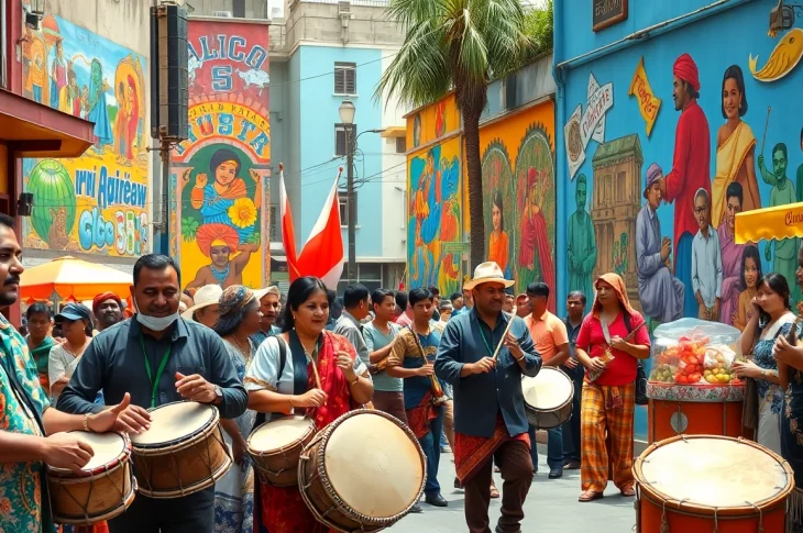 Culture celebrated through diverse musicians and vibrant murals in a lively street scene.