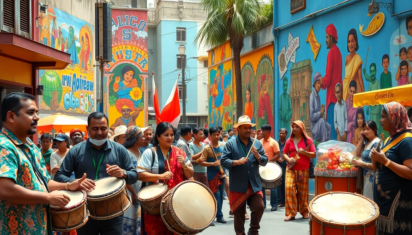 Culture celebrated through diverse musicians and vibrant murals in a lively street scene.