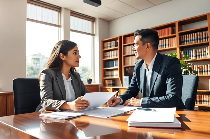 Abogada providing legal advice in a bright office setting, showcasing professionalism and expertise.
