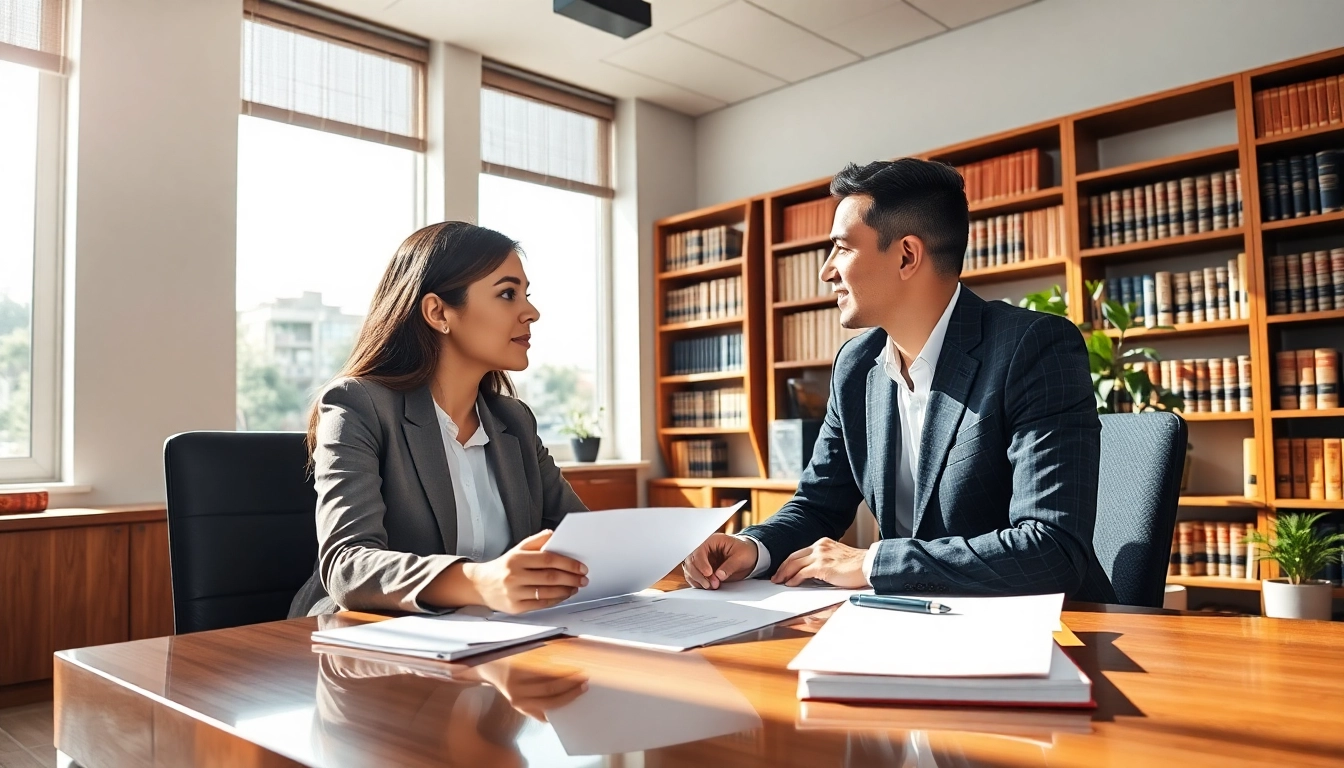 Abogada providing legal advice in a bright office setting, showcasing professionalism and expertise.