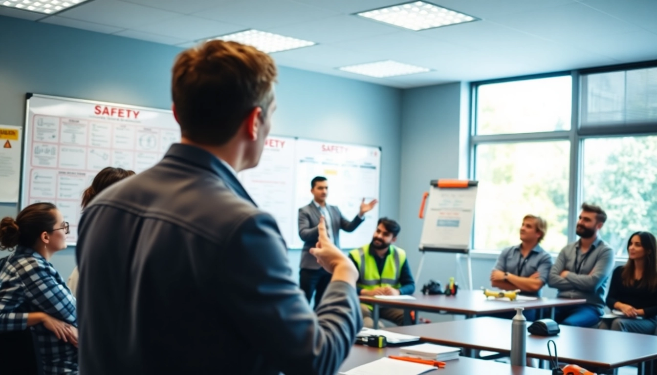 Safety Training Programs session with an engaged instructor and diverse employees in a bright classroom.
