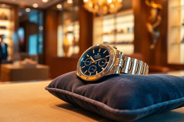 Sell luxury watch opportunity with a premium Rolex showcased in an elegant boutique.