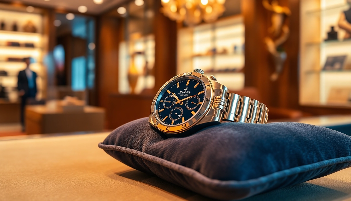 Sell luxury watch opportunity with a premium Rolex showcased in an elegant boutique.