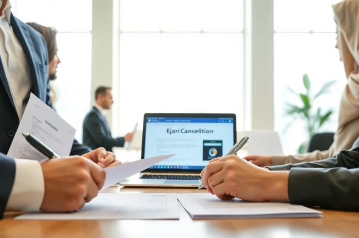 Streamlined ejari cancellation process in a professional office setting with focused individuals.