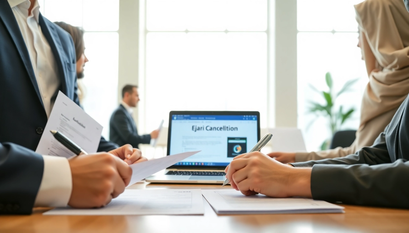 Streamlined ejari cancellation process in a professional office setting with focused individuals.