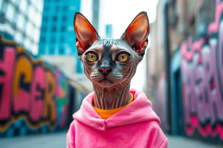 Dress your Sphynx in trendy PIKAPIKA Sphynx Clothes with an urban backdrop showcasing vibrant style.