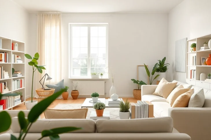 Organized living room showcasing House organizing Johns Creek with neat shelves and bright, inviting atmosphere.
