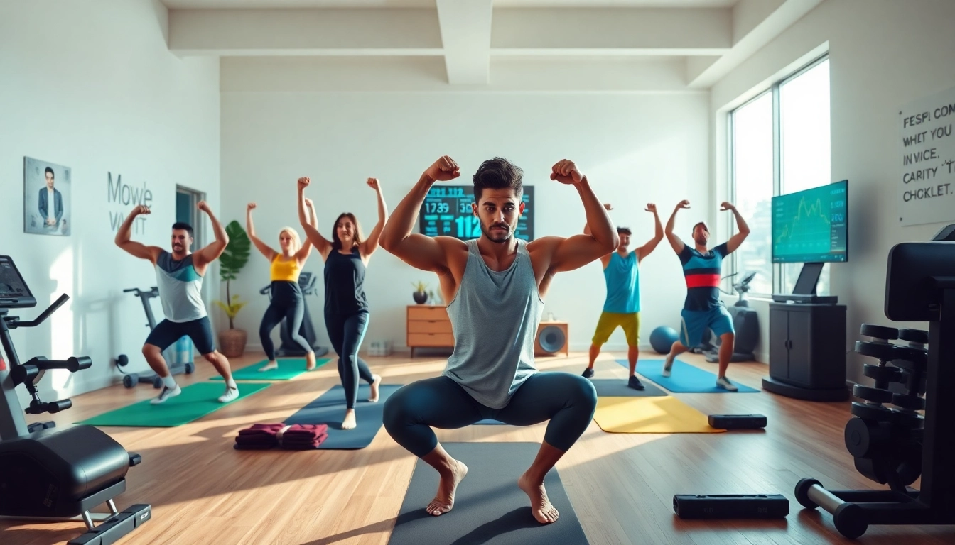 Active individuals participating in Online gym Training showcasing fitness equipment at home.