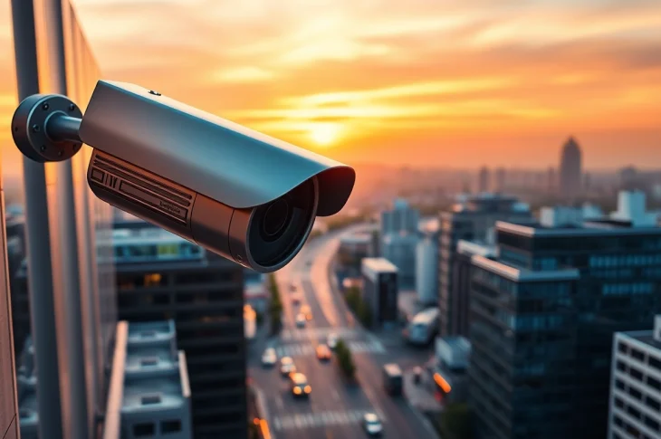 CCTV camera positioned high above a city skyline, ensuring comprehensive surveillance of urban areas.