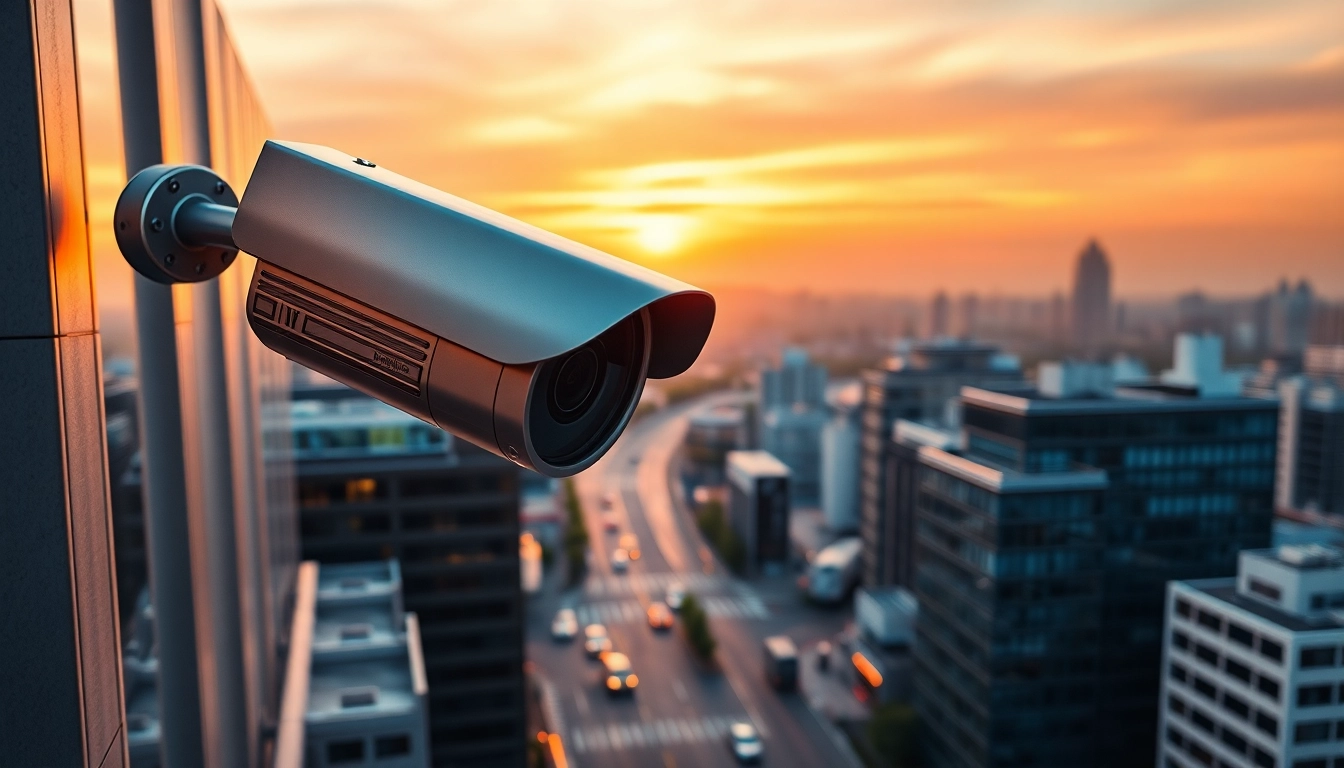 CCTV camera positioned high above a city skyline, ensuring comprehensive surveillance of urban areas.