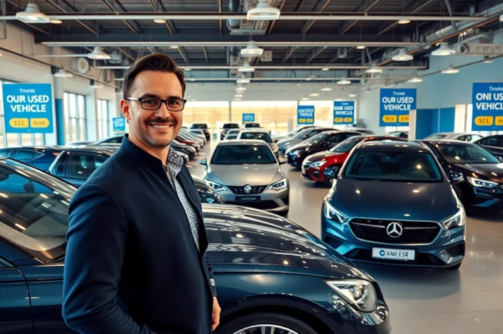 Find Used Vehicles showcased in a vibrant dealership with a friendly salesperson assisting customers.