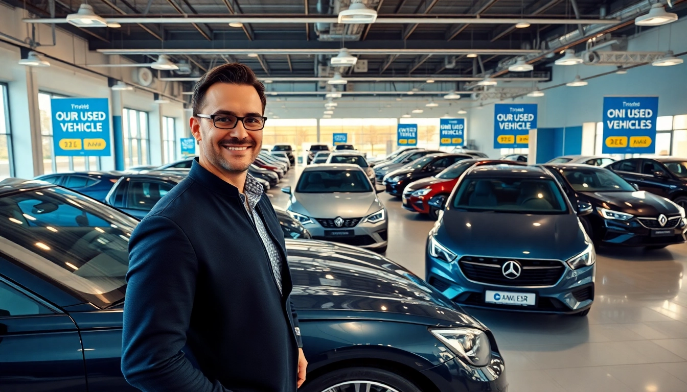 Find Used Vehicles showcased in a vibrant dealership with a friendly salesperson assisting customers.
