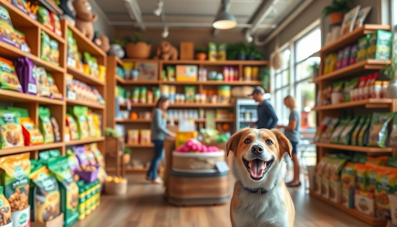 Shop for organic pet supplies near me, featuring a friendly dog and colorful eco-friendly products.