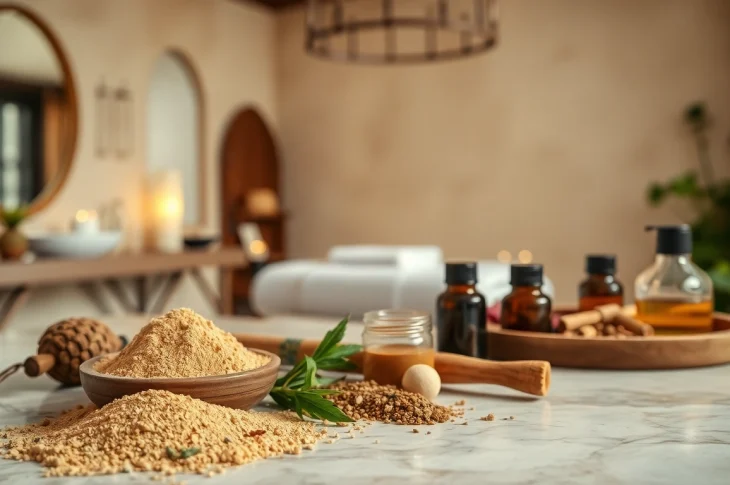 Tebrima body mask ingredients beautifully arranged in a serene Moroccan spa setting.