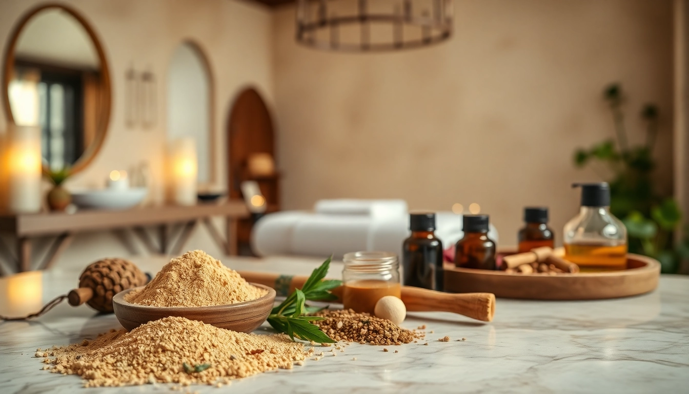 Tebrima body mask ingredients beautifully arranged in a serene Moroccan spa setting.