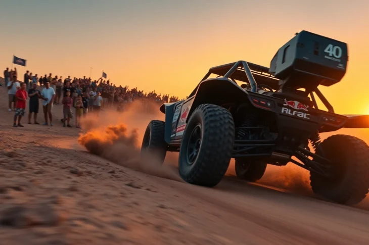 Baja race action shot featuring off-road vehicles racing through a desert landscape.