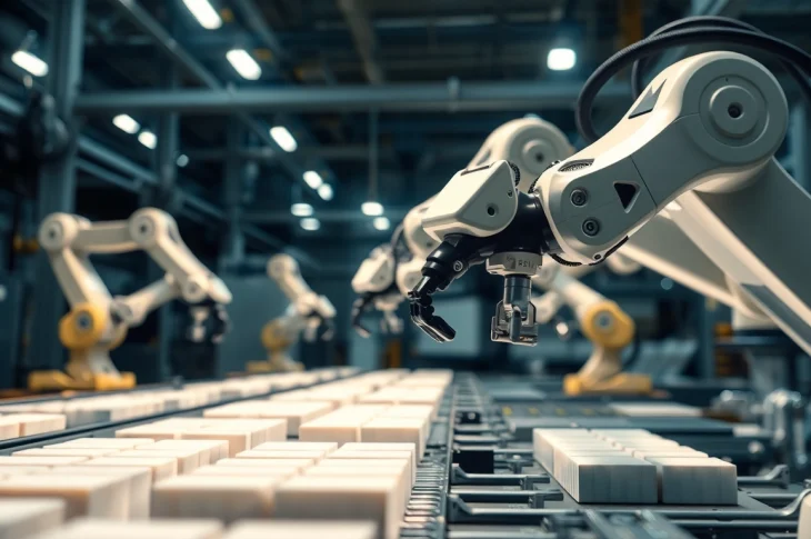 Machine vision system conducting automated product inspections with robotic arms in a factory setting.