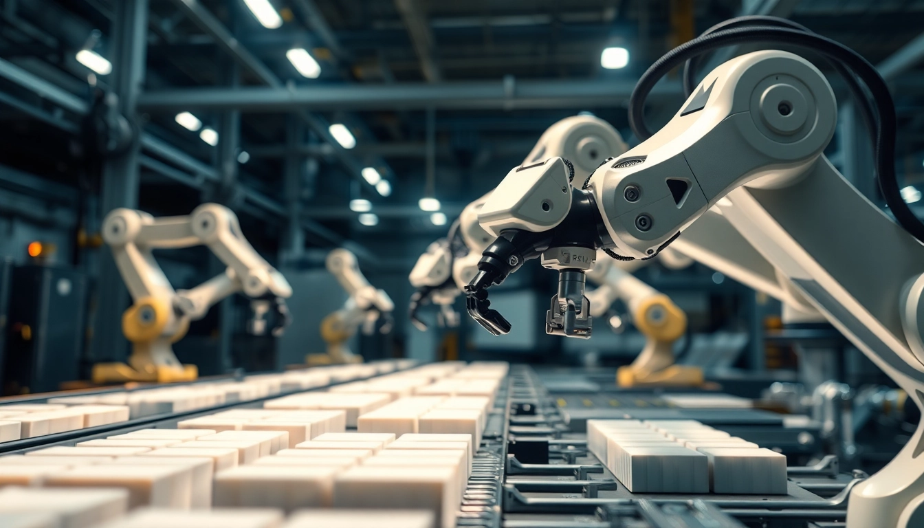Machine vision system conducting automated product inspections with robotic arms in a factory setting.