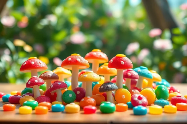 Enjoy vibrant magic mushroom candy beautifully arranged on a rustic table.