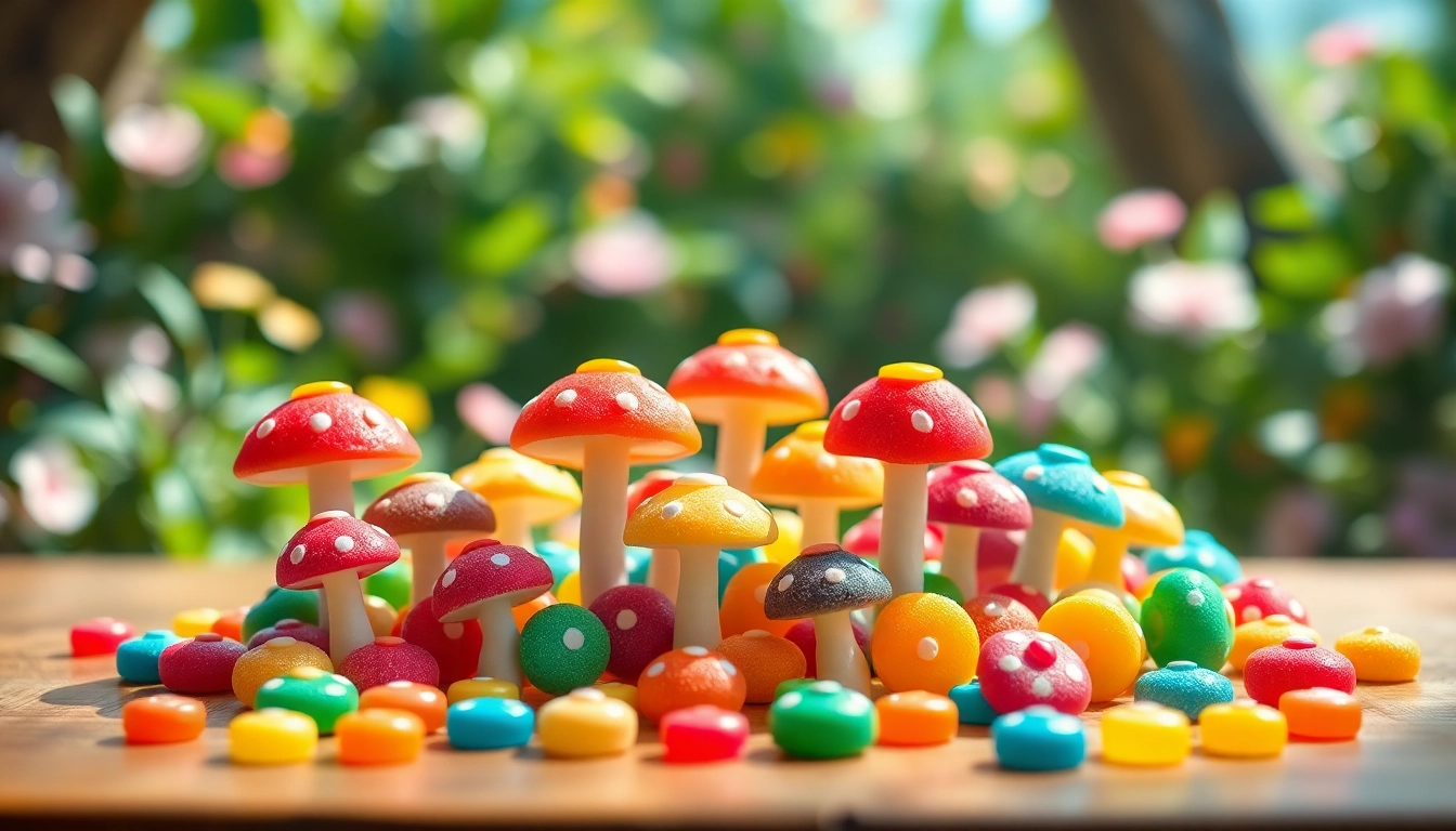 Enjoy vibrant magic mushroom candy beautifully arranged on a rustic table.