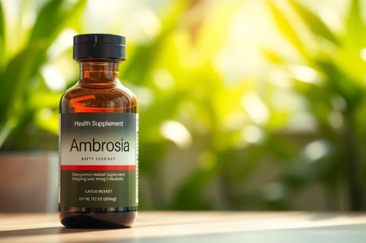 Ambrosia health supplement in a sleek bottle surrounded by vibrant organic plants.