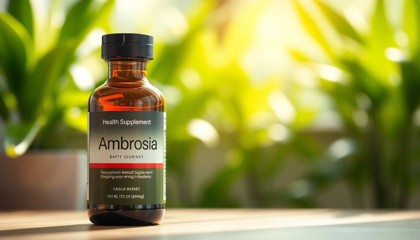 Ambrosia health supplement in a sleek bottle surrounded by vibrant organic plants.