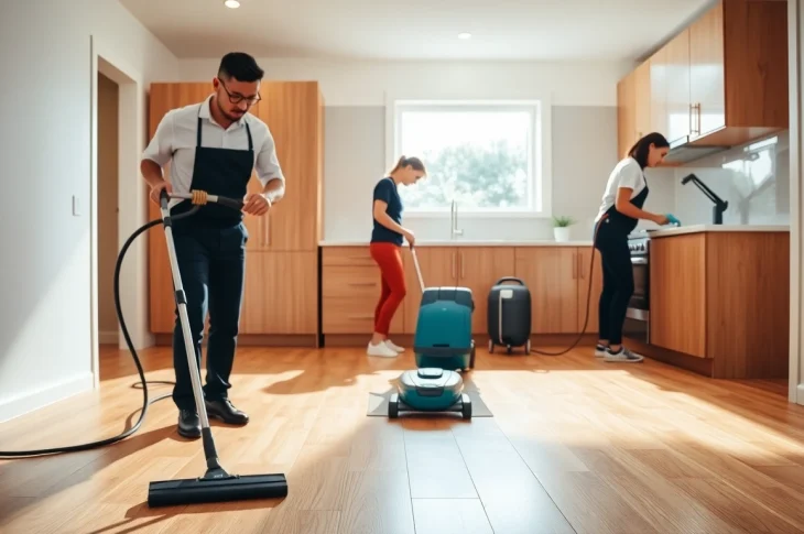 Bond cleaning Logan team diligently performing cleaning services in a modern apartment.