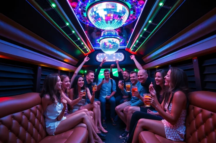 Experience a Macon party bus with friends celebrating in a luxurious, vibrant setting.