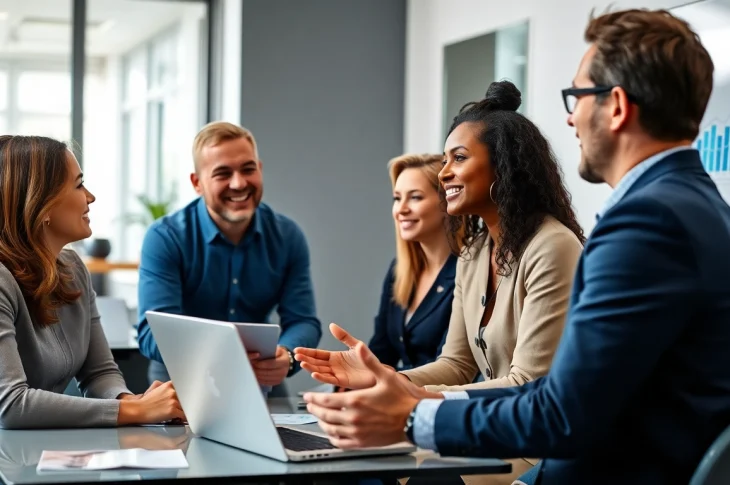 Engaging business coaching service session with professionals discussing strategies for growth.