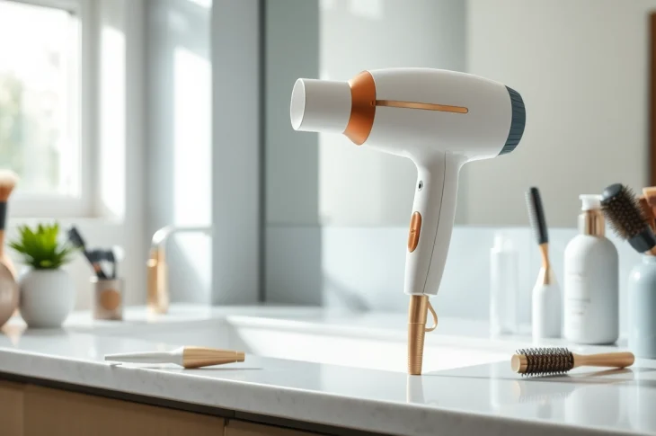 Stylish Laifen hair dryer positioned elegantly on a bathroom countertop surrounded by beauty tools.