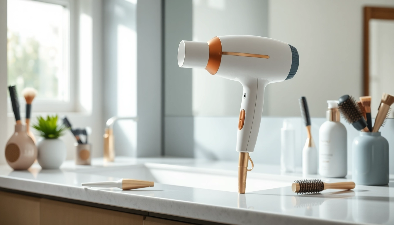 Stylish Laifen hair dryer positioned elegantly on a bathroom countertop surrounded by beauty tools.