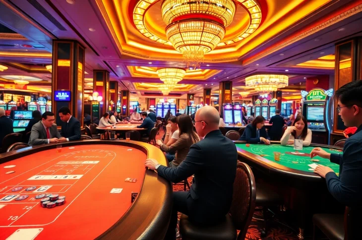 Hasil pertandingan Macau dengan suasana kasino yang meriah dan peminat bermain taruhan.