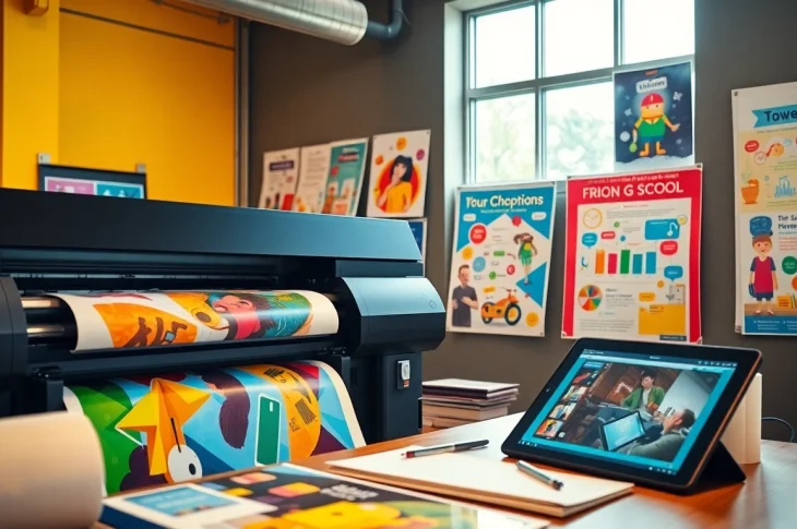 School poster printers displaying colorful educational designs in a vibrant print studio.