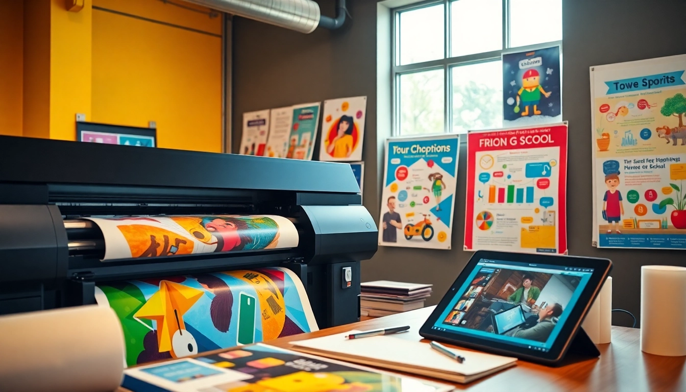 School poster printers displaying colorful educational designs in a vibrant print studio.