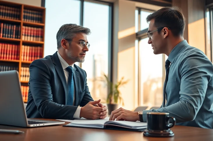 Hire a criminal defense lawyer discussing a case with their client in a modern office