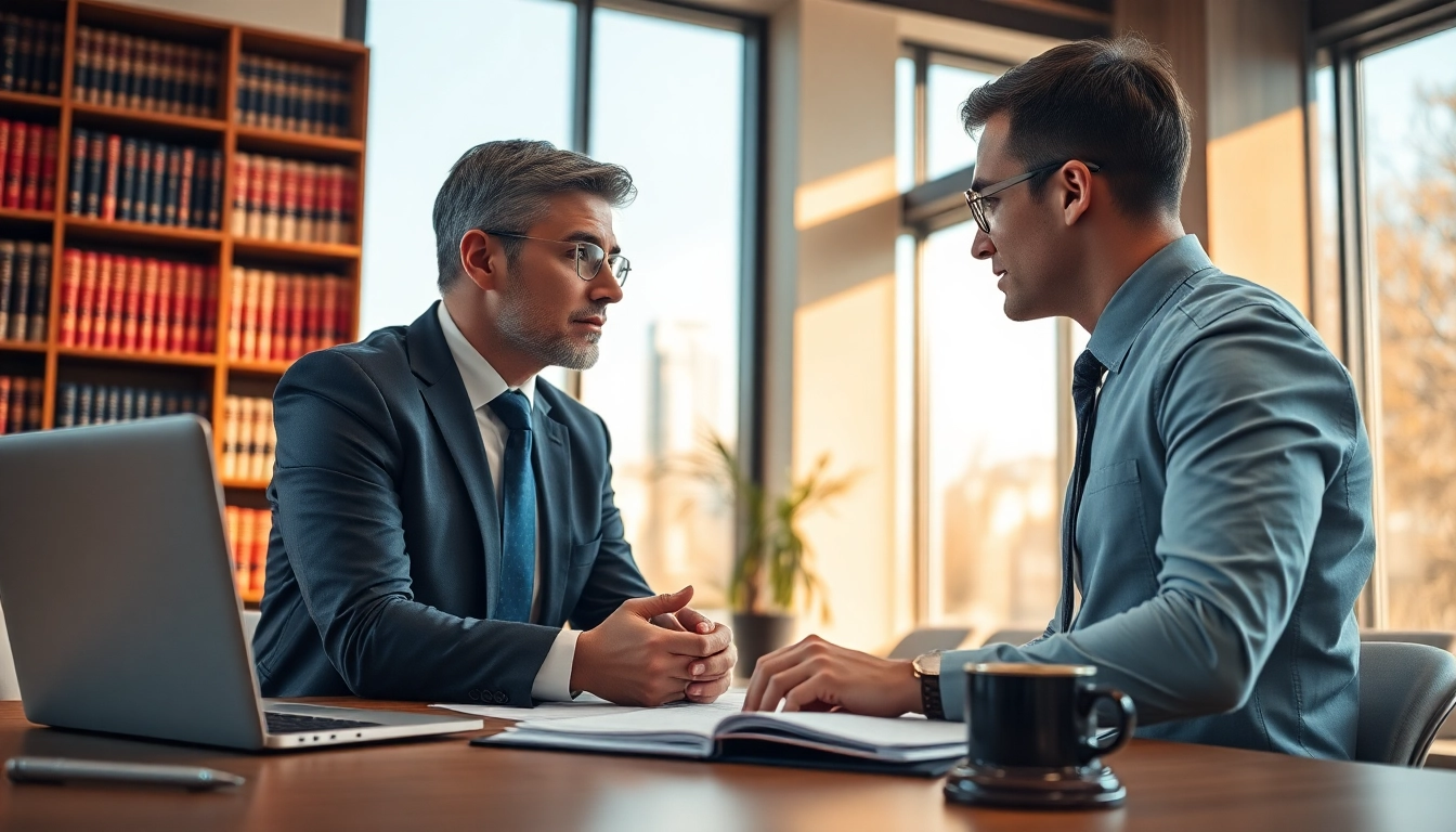 Hire a criminal defense lawyer discussing a case with their client in a modern office