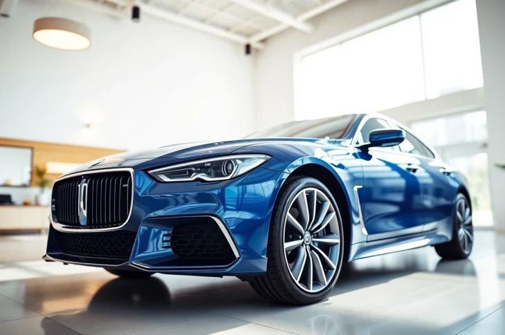 Admire the perfect car displayed in a luxurious showroom with striking features and bright lighting.