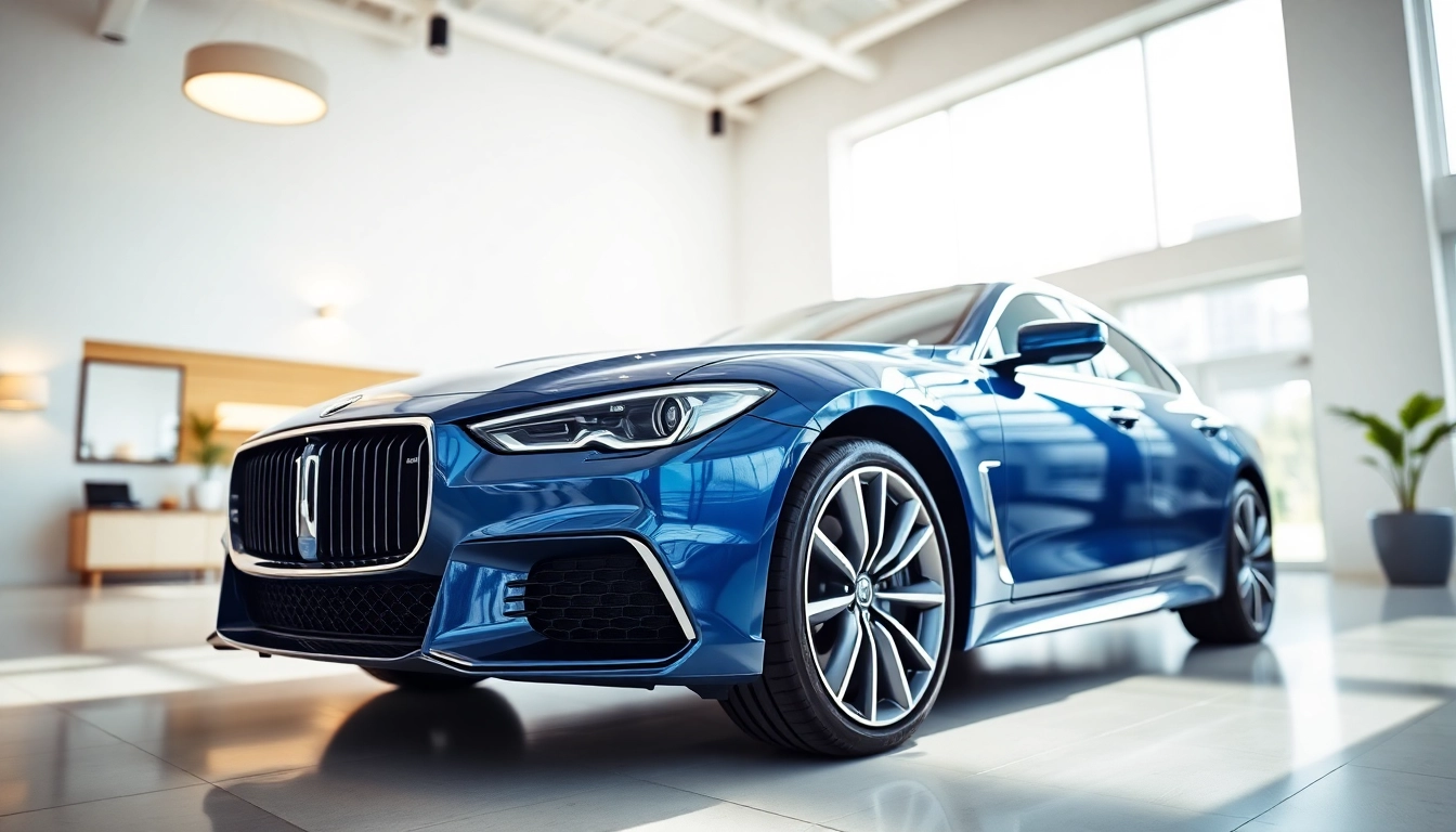 Admire the perfect car displayed in a luxurious showroom with striking features and bright lighting.