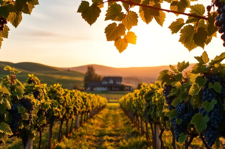 Vibrant Clarksburg vineyard with ripe grapes and scenic hills during sunset.